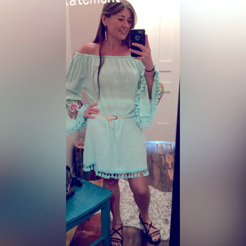 VELZERA Off The Shoulder Embroidered Turquoise Blue Tassel Dress / Tunic Sz 1X